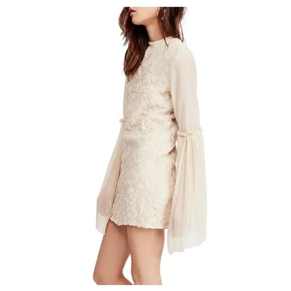 Free People Cleo Cream Embroidered Flare Sleeve Mock Neck Mini Dress 6